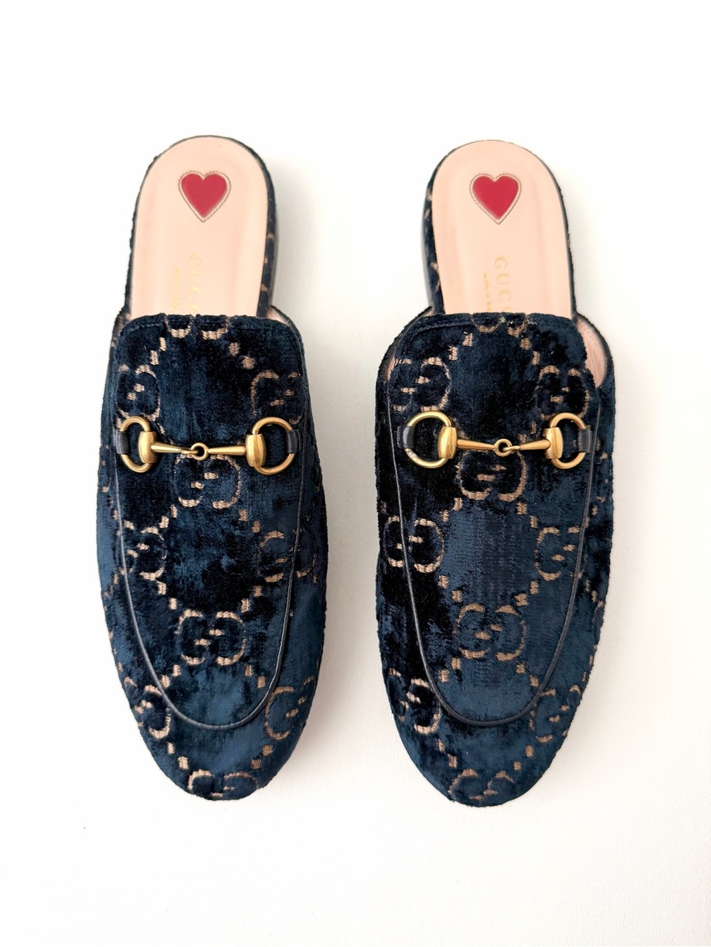 GUCCI | Princetown GG Velvet Horsebit Mules Flats Slippers Navy Blue Gold EU 39 - Picture 2 of 10